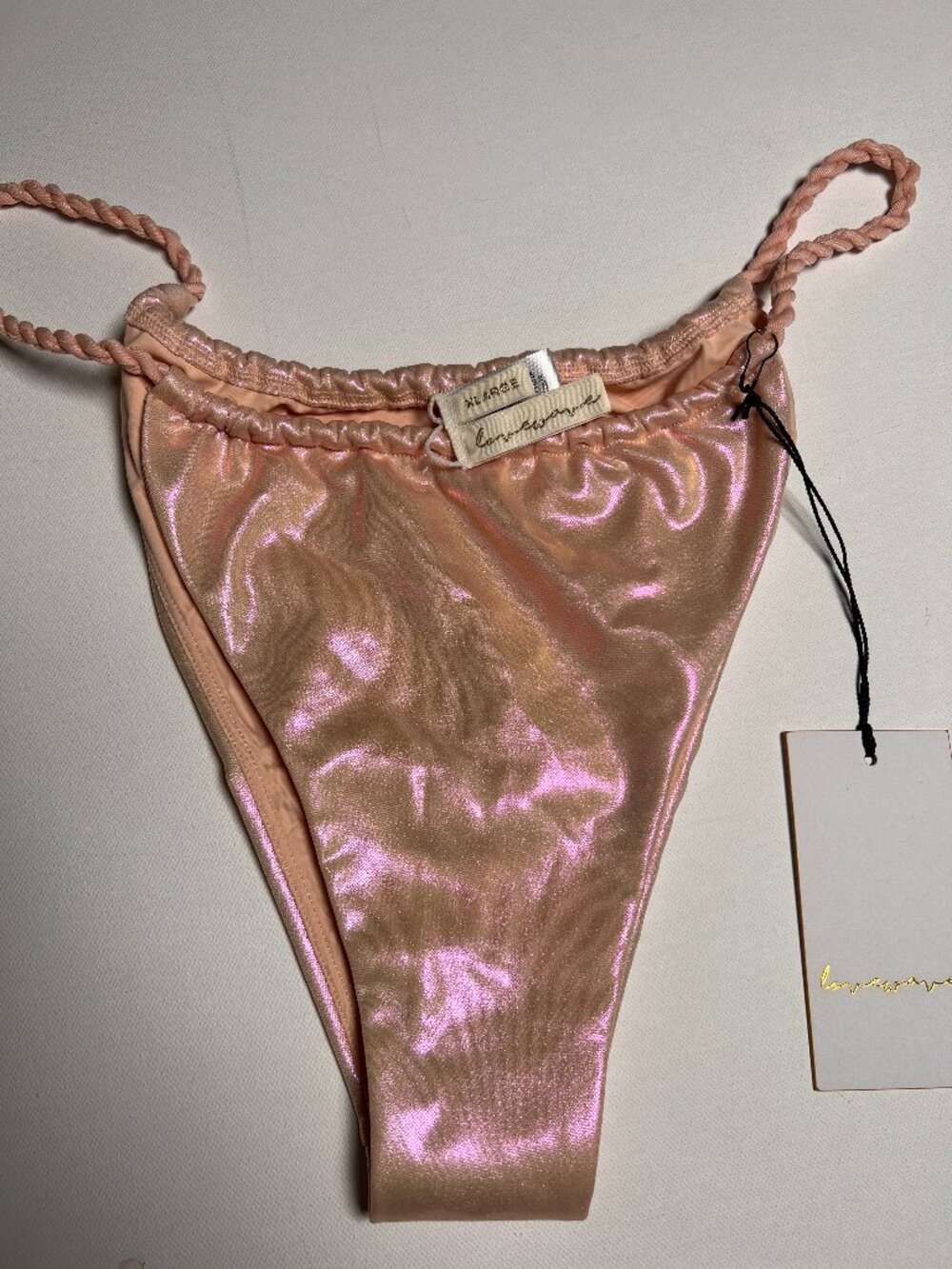 NWT Lovewave Swim Shiny Rose Gold Braided Strappy Bikini Bottom XL